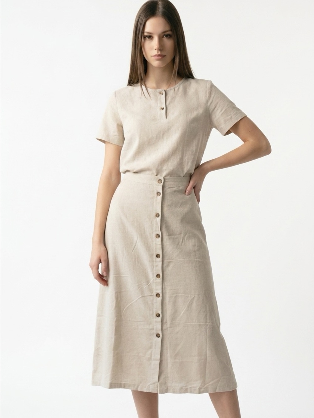 Hunter & Brown Women’s Medium Beige Linen Blend Maxi Skirt Pockets Elastic Waist